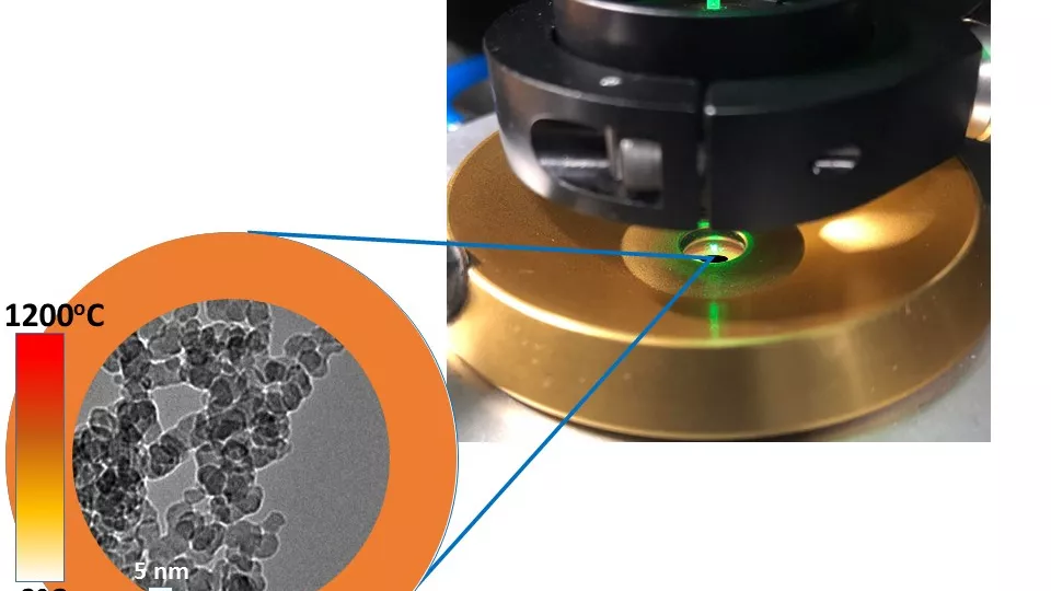 Left is an orange circle around gray image with dark spots on and a colorbar indicating temperature. Right is an object that is black with a golden bottom and a green light going straight through it.
